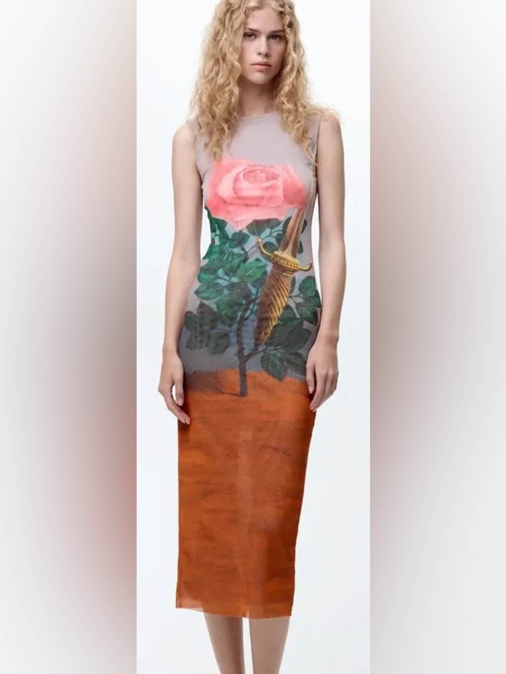 Rene Magritte Zara Sleeveless Maxi Dress with Pink Rose & Orange Panel/ Size S